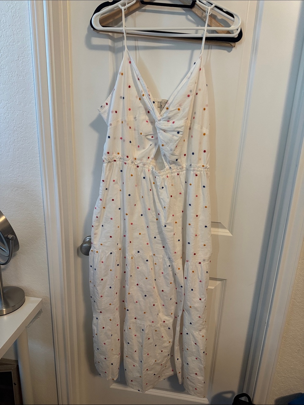 LOFT White Midi Dress with Multicolor Polka Dots
